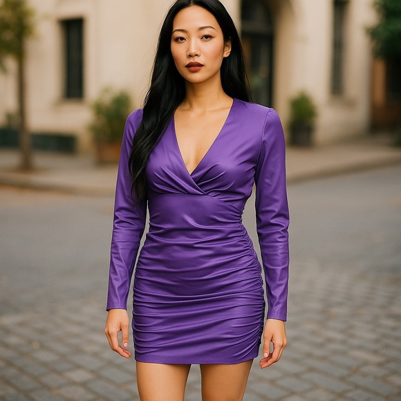 Zara Purple Ruched V Neck Vegan Faux Leather Long Sleeves Cocktail Dress - Picture 1 of 13